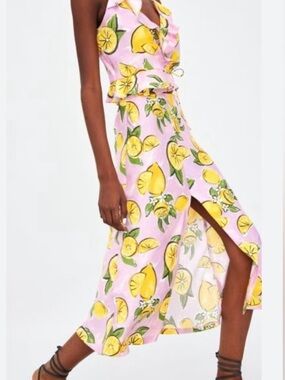 ZARA Lemon Print Satin Midi Skirt